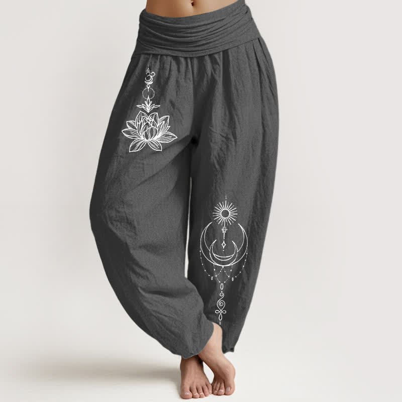 Buddha Stones Pure Cotton Lotus Moon Sun Pattern Women's Elastic Waist Harem Pants - DimGray - US16,UK/AU20,EU48 (3XL) - image 8
