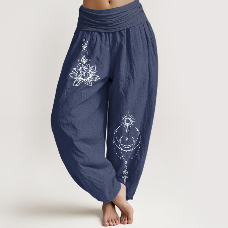 Buddha Stones Pure Cotton Lotus Moon Sun Pattern Women's Elastic Waist Harem Pants - DarkSlateBlue - US16,UK/AU20,EU48 (3XL) - image 5