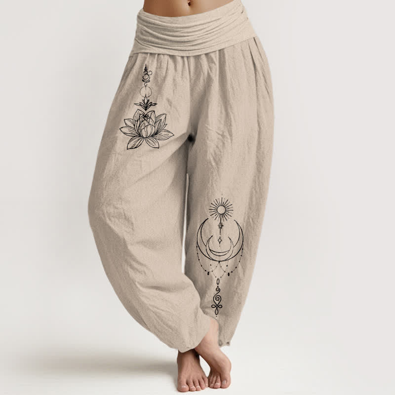Buddha Stones Pure Cotton Lotus Moon Sun Pattern Women's Elastic Waist Harem Pants - Tan - US16,UK/AU20,EU48 (3XL) - image 14