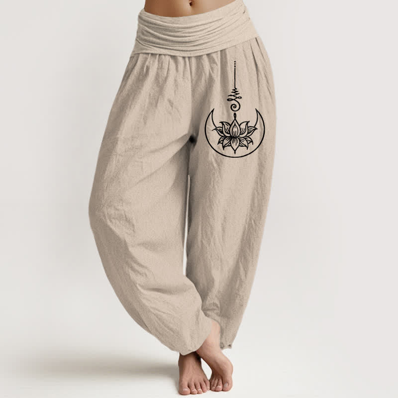 Buddha Stones Pure Cotton Sacred Lotus Moon Pattern Women's Elastic Waist Harem Pants - Tan - US16,UK/AU20,EU48 (3XL) - image 14