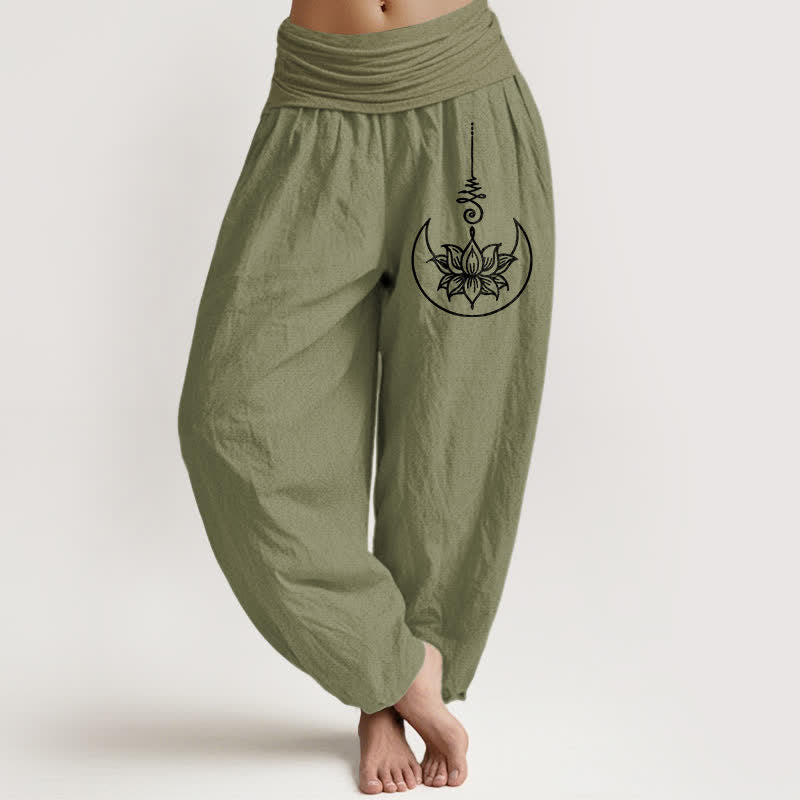 Buddha Stones Pure Cotton Sacred Lotus Moon Pattern Women's Elastic Waist Harem Pants - OliveDrab - US16,UK/AU20,EU48 (3XL) - image 11