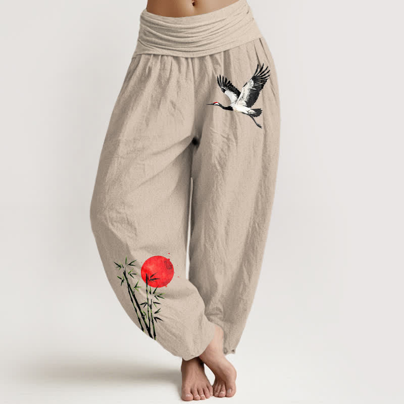 Buddha Stones Pure Cotton Flying Crane Red Sun Pattern Women's Elastic Waist Harem Pants - Tan - US16,UK/AU20,EU48 (3XL) - image 0