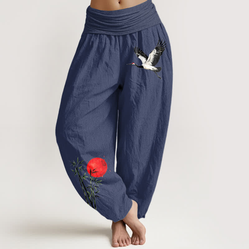 Buddha Stones Pure Cotton Flying Crane Red Sun Pattern Women's Elastic Waist Harem Pants - DarkSlateBlue - US16,UK/AU20,EU48 (3XL) - image 5