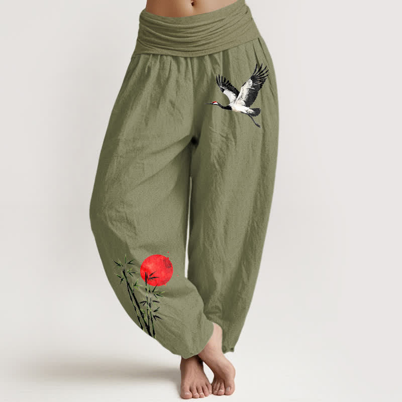 Buddha Stones Pure Cotton Flying Crane Red Sun Pattern Women's Elastic Waist Harem Pants - OliveDrab - US16,UK/AU20,EU48 (3XL) - image 8