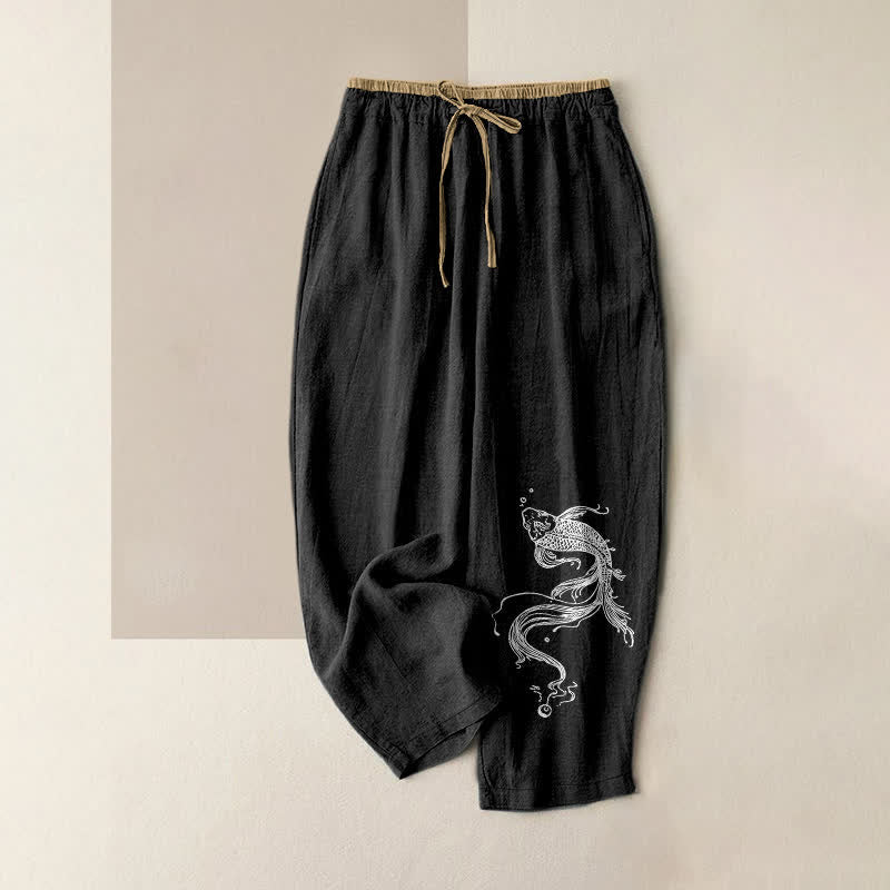 Buddha Stones Pure Cotton White Koi Fish Pattern Women's Elastic Waist Pants With Pockets - Black - US16,UK/AU20,EU48 (3XL) - image 4