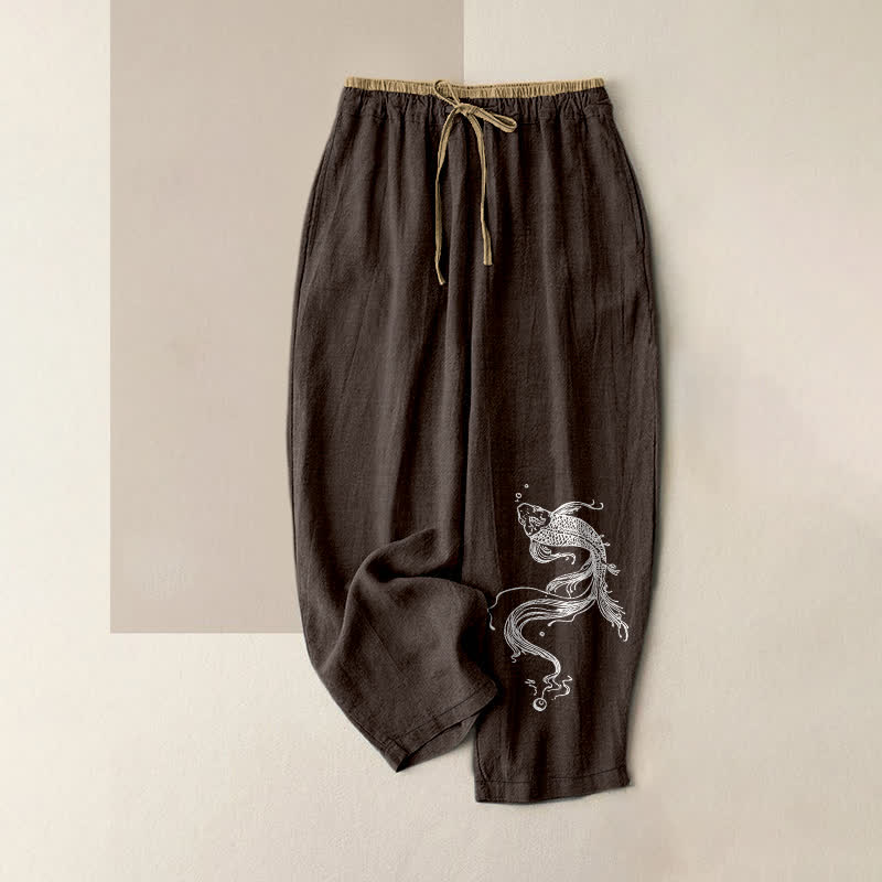 Buddha Stones Pure Cotton White Koi Fish Pattern Women's Elastic Waist Pants With Pockets - SaddleBrown - US16,UK/AU20,EU48 (3XL) - image 5