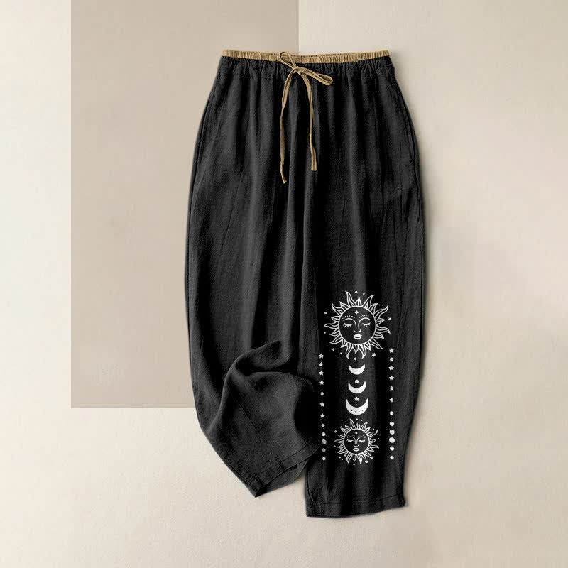 Buddha Stones Pure Cotton Mystic Sun Face Pattern Women's Elastic Waist Pants With Pockets - Black - US16,UK/AU20,EU48 (3XL) - image 0