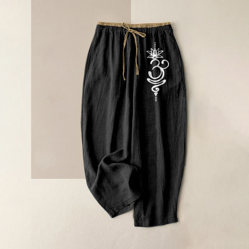 Buddha Stones Pure Cotton Spiritual Om Lotus Pattern Women's Elastic Waist Pants With Pockets - Black - US16,UK/AU20,EU48 (3XL) - image 0