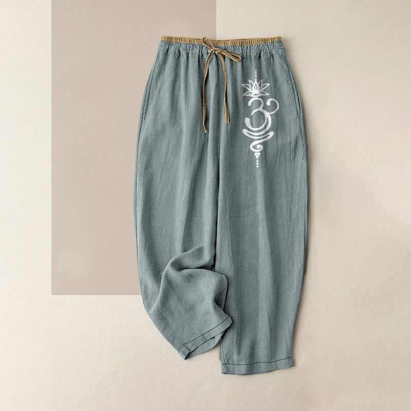 Buddha Stones Pure Cotton Spiritual Om Lotus Pattern Women's Elastic Waist Pants With Pockets - LightBlue - US16,UK/AU20,EU48 (3XL) - image 5