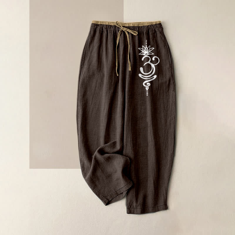 Buddha Stones Pure Cotton Spiritual Om Lotus Pattern Women's Elastic Waist Pants With Pockets - SaddleBrown - US16,UK/AU20,EU48 (3XL) - image 4