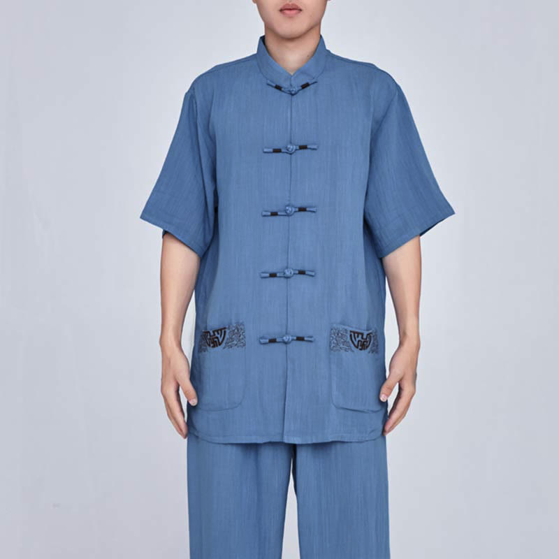 Buddha Stones Meditation Zen Prayer Spiritual Tai Chi Qigong Practice Unisex Embroidery Clothing Set - Short Sleeve Blue Embroidery - US14,UK/AU18,EU46 (3XL) - image 26