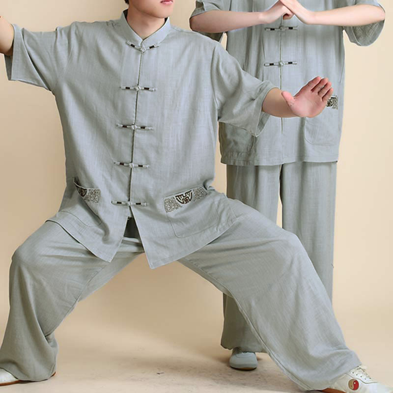 Buddha Stones Meditation Zen Prayer Spiritual Tai Chi Qigong Practice Unisex Embroidery Clothing Set - Short Sleeve Gray Embroidery - US12,UK/AU16,EU44 (2XL) - image 23