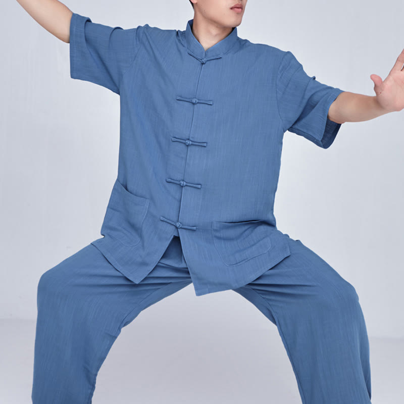 Buddha Stones Meditation Zen Prayer Spiritual Tai Chi Qigong Practice Unisex Embroidery Clothing Set - Short Sleeve Blue - US14,UK/AU18,EU46 (3XL) - image 28
