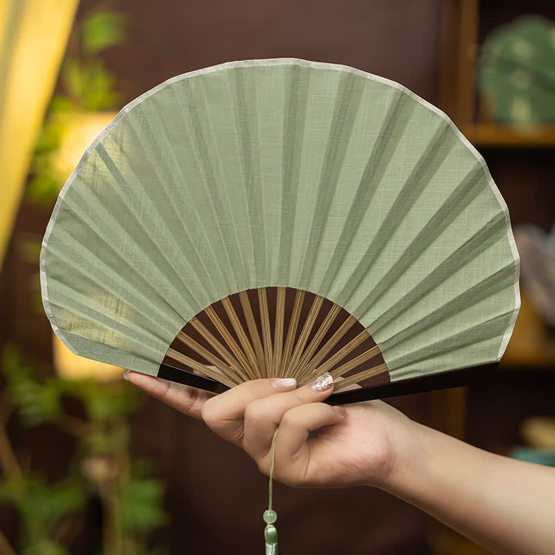 Buddha Stones Bamboo Folding Plain Fan with Tassel - Green - image 0