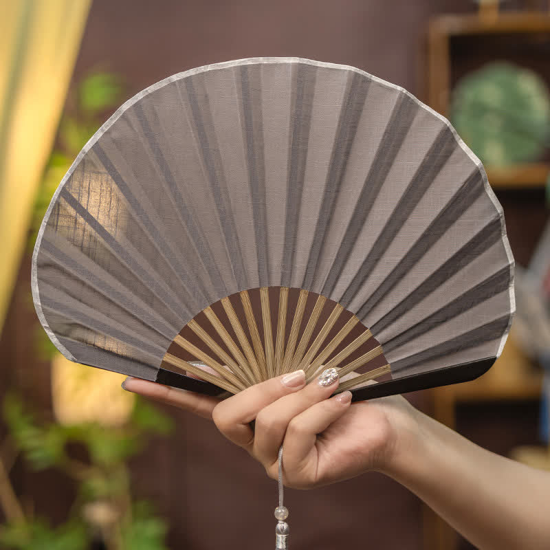 Buddha Stones Bamboo Folding Plain Fan with Tassel - Dark Gray - image 6