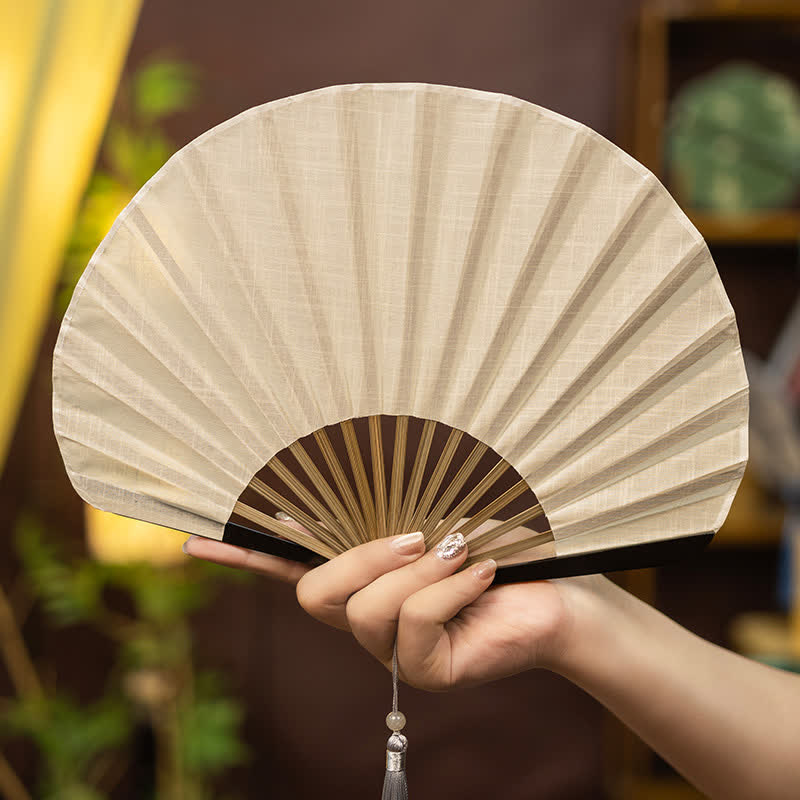 Buddha Stones Bamboo Folding Plain Fan with Tassel - Beige - image 4