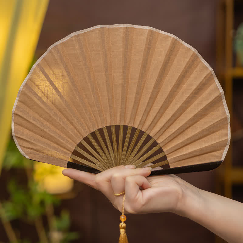 Buddha Stones Bamboo Folding Plain Fan with Tassel - Khaki - image 3