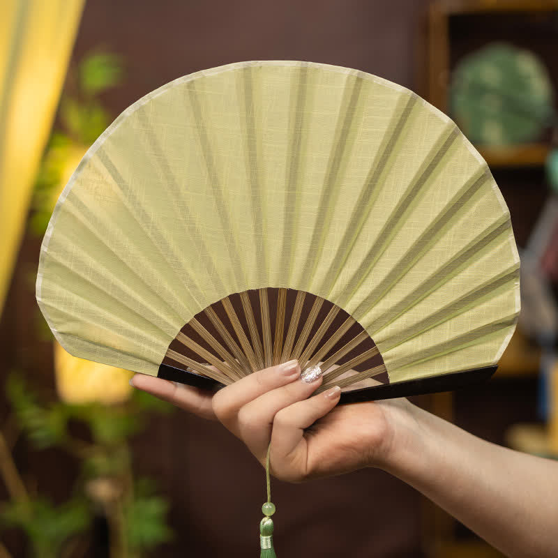 Buddha Stones Bamboo Folding Plain Fan with Tassel - Yellow Green - image 2