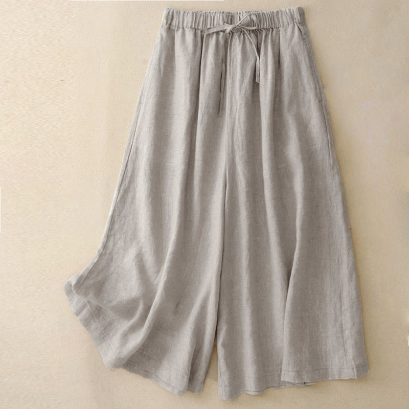 Buddha Stones Summer Elastic Waist Women's Capri Cropped Wide Leg Pants With Pockets - Linen - US14,UK/AU18,EU46 (3XL) - image 16
