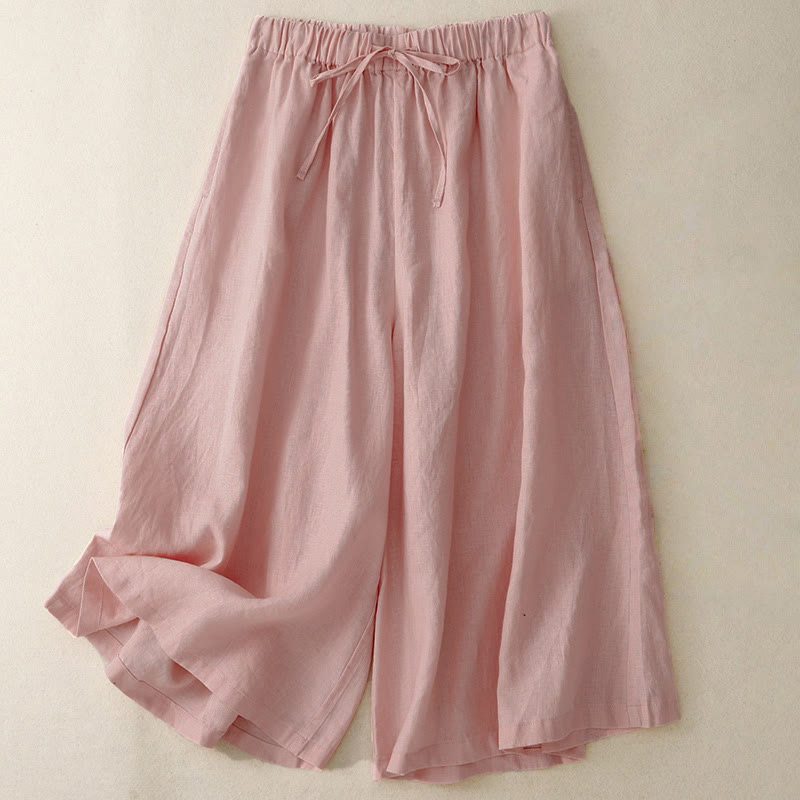 Buddha Stones Summer Elastic Waist Women's Capri Cropped Wide Leg Pants With Pockets - LightPink - US14,UK/AU18,EU46 (3XL) - image 6