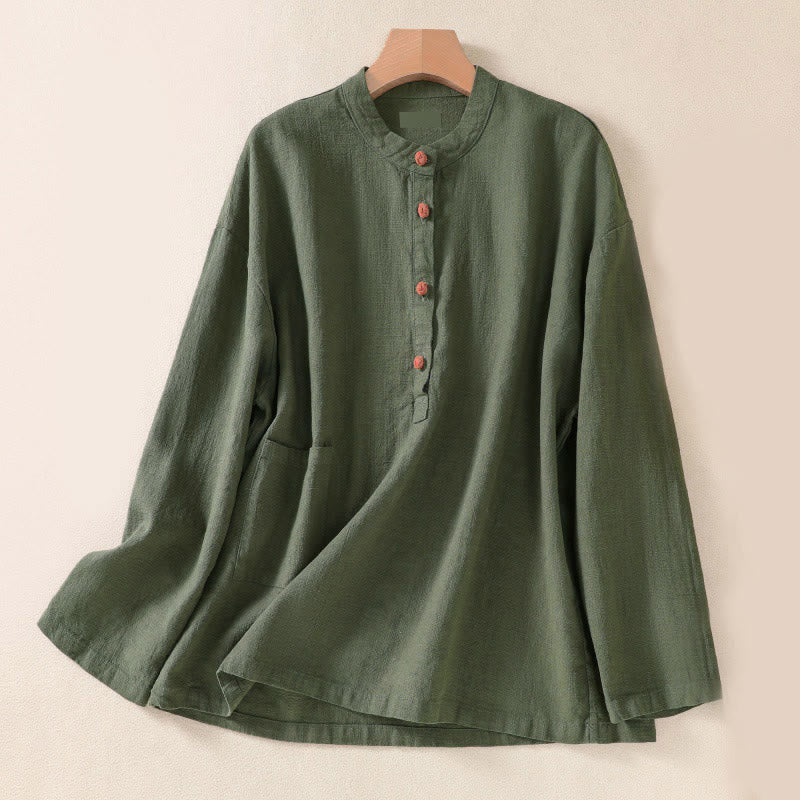 Buddha Stones Casual Buttons Crew Neck Women's Long Sleeve Shirt With Pockets - DarkSeaGreen - US8-10,UK/AU12-14,EU40-42 (2XL) - image 0