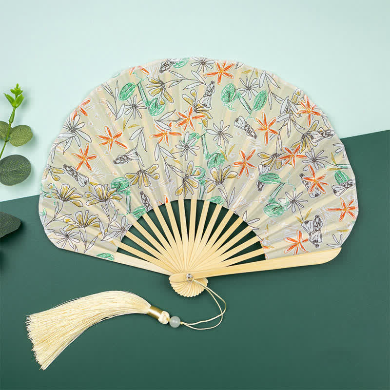 Buddha Stones Bamboo Floral fruit print Tassel Folding Fan - Yellow Flowers - image 4