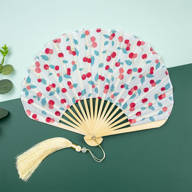 Buddha Stones Bamboo Floral fruit print Tassel Folding Fan - Cherries - image 5
