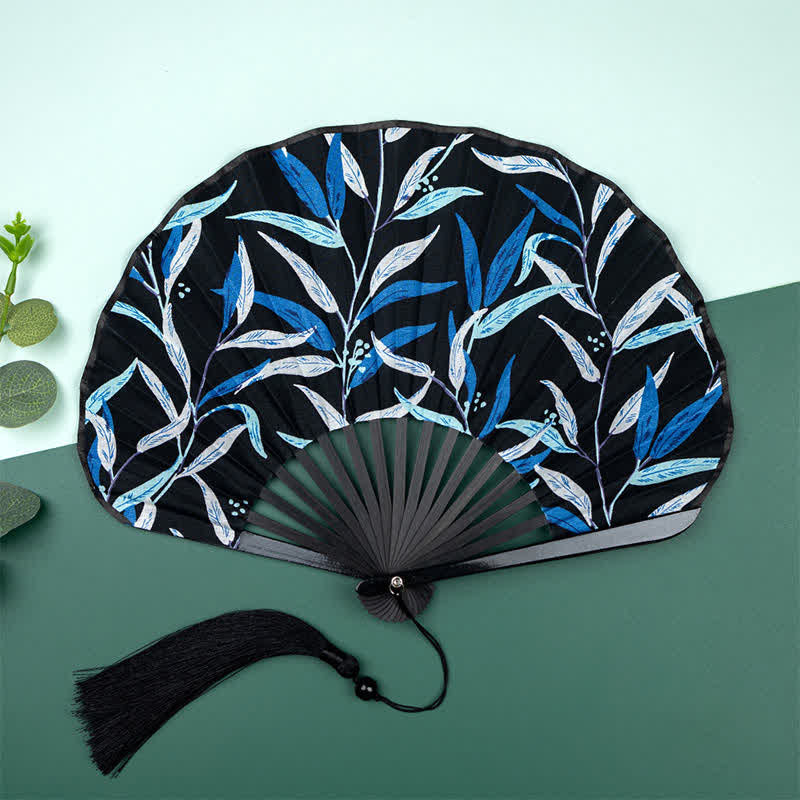 Buddha Stones Bamboo Floral fruit print Tassel Folding Fan - Blue Leaves - image 7