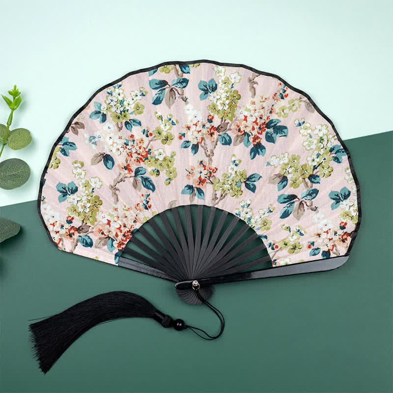 Buddha Stones Bamboo Floral fruit print Tassel Folding Fan - Begonia Flowers - image 8