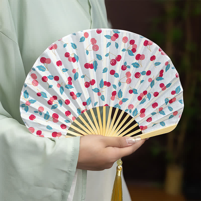 Buddha Stones Bamboo Floral fruit print Tassel Folding Fan - image 6