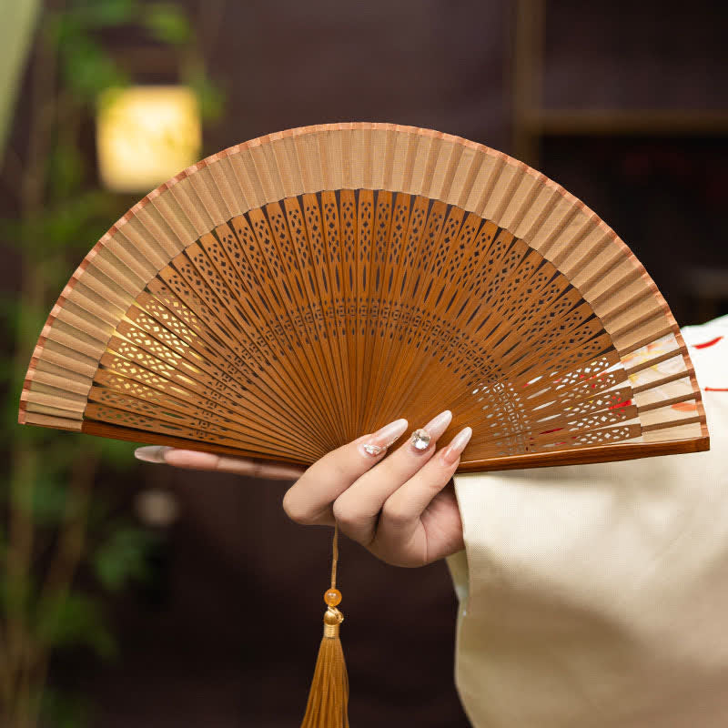 Buddha Stones Inspired Hollow Carved Bamboo Tassel Simple Folding Fan - Brown - image 0