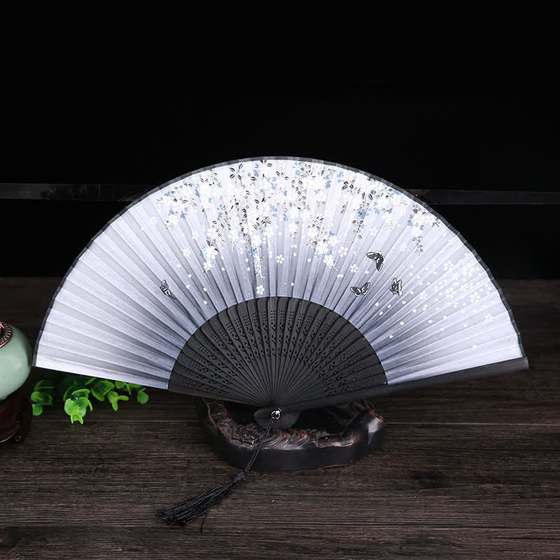 Buddha Stones Bamboo Butterfly Cherry Blossom Folding Fan - White Surface - image 8