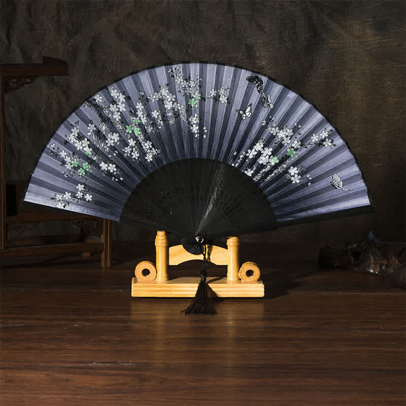 Buddha Stones Bamboo Butterfly Cherry Blossom Folding Fan - Black Surface Black Butterfly - image 2