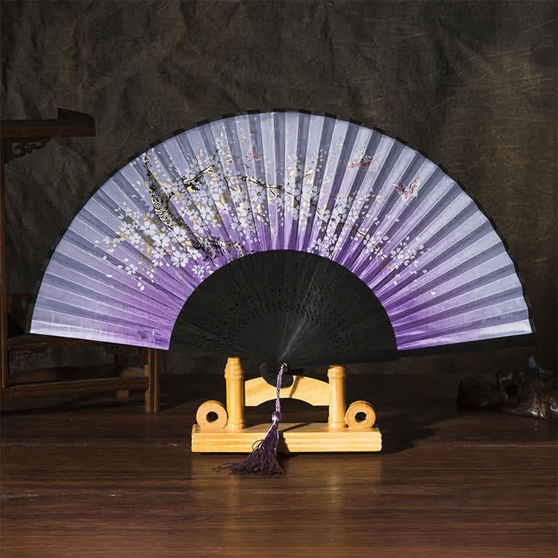 Buddha Stones Bamboo Butterfly Cherry Blossom Folding Fan - Purple Surface - image 7