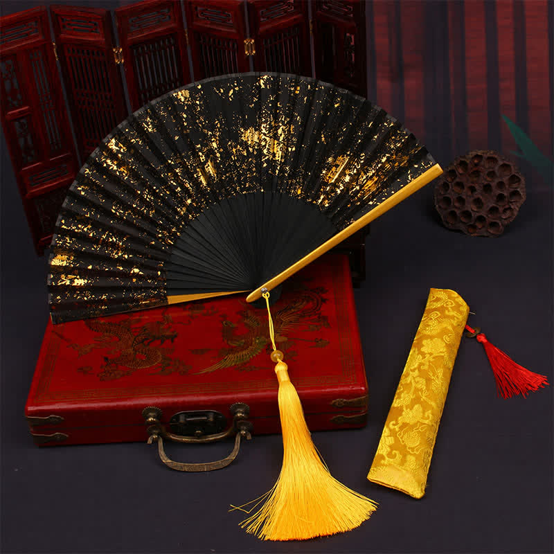 Buddha Stones gold speckle pattern Bamboo Folding Tassel Fan - image 1