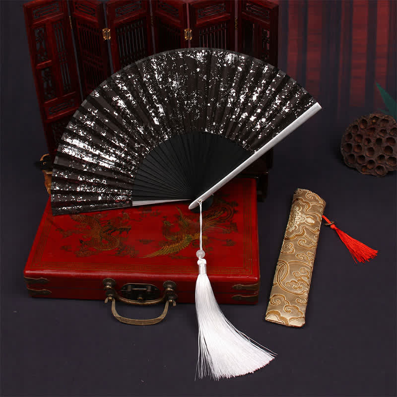 Buddha Stones gold speckle pattern Bamboo Folding Tassel Fan - Silver - image 6