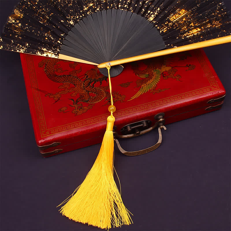 Buddha Stones gold speckle pattern Bamboo Folding Tassel Fan - image 2