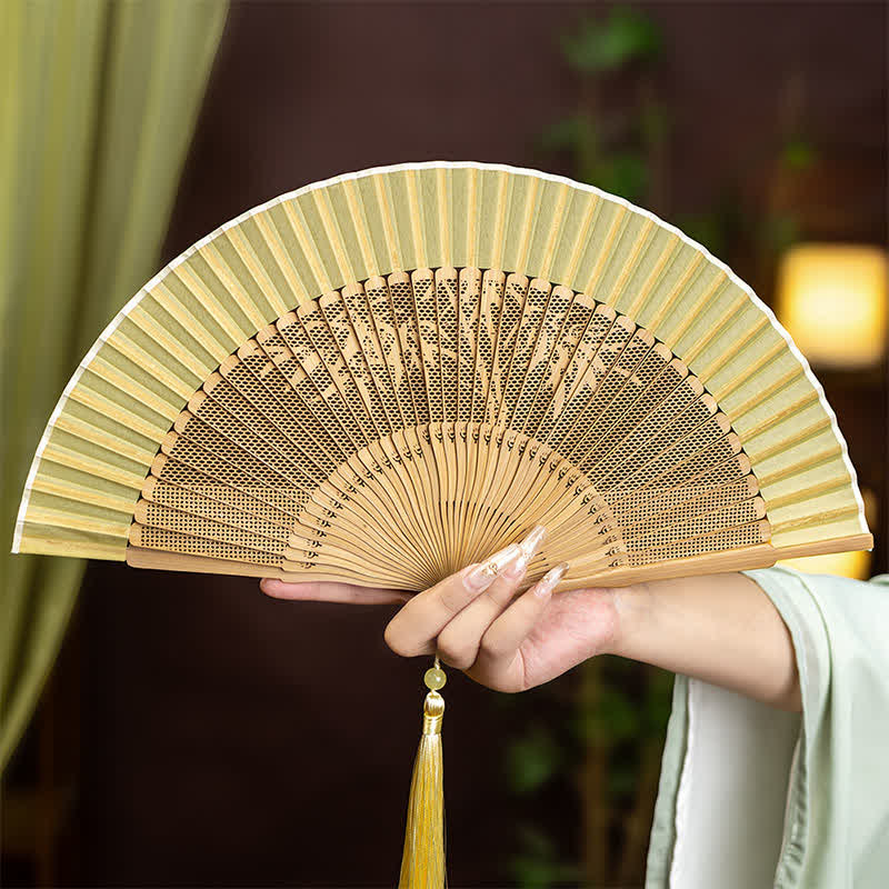 Buddha Stones Bamboo Hollow-Carved Famous Spots Landscapes Animals Tassel Folding Fan - Bamboo - image 6