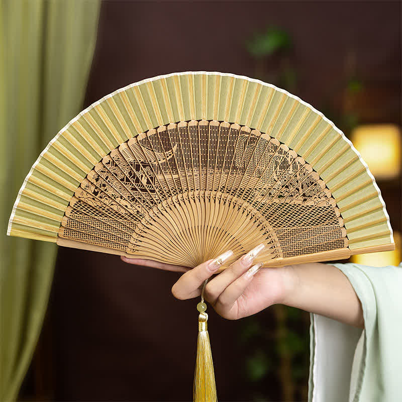 Buddha Stones Bamboo Hollow-Carved Famous Spots Landscapes Animals Tassel Folding Fan - West Lake Broken Bridge Pattern - image 7