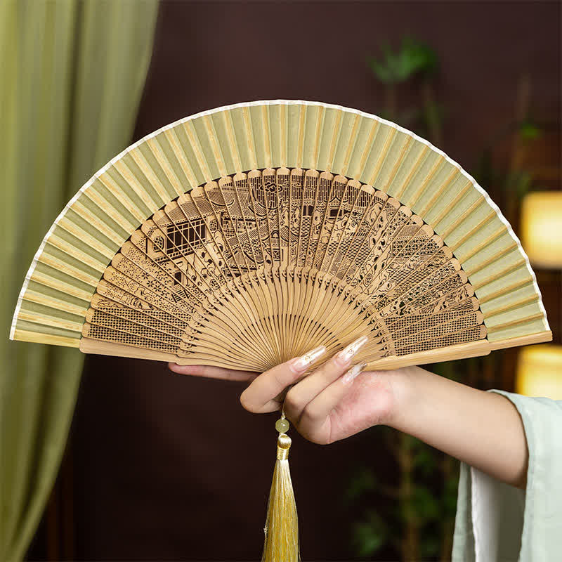 Buddha Stones Bamboo Hollow-Carved Famous Spots Landscapes Animals Tassel Folding Fan - Suzhou Hanshan Temple Pattern - image 8