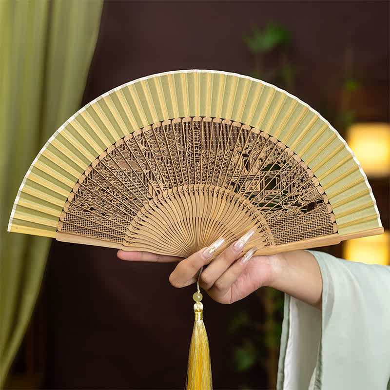 Buddha Stones Bamboo Hollow-Carved Famous Spots Landscapes Animals Tassel Folding Fan - Suzhou Tiger Hill Sword Pool - image 9