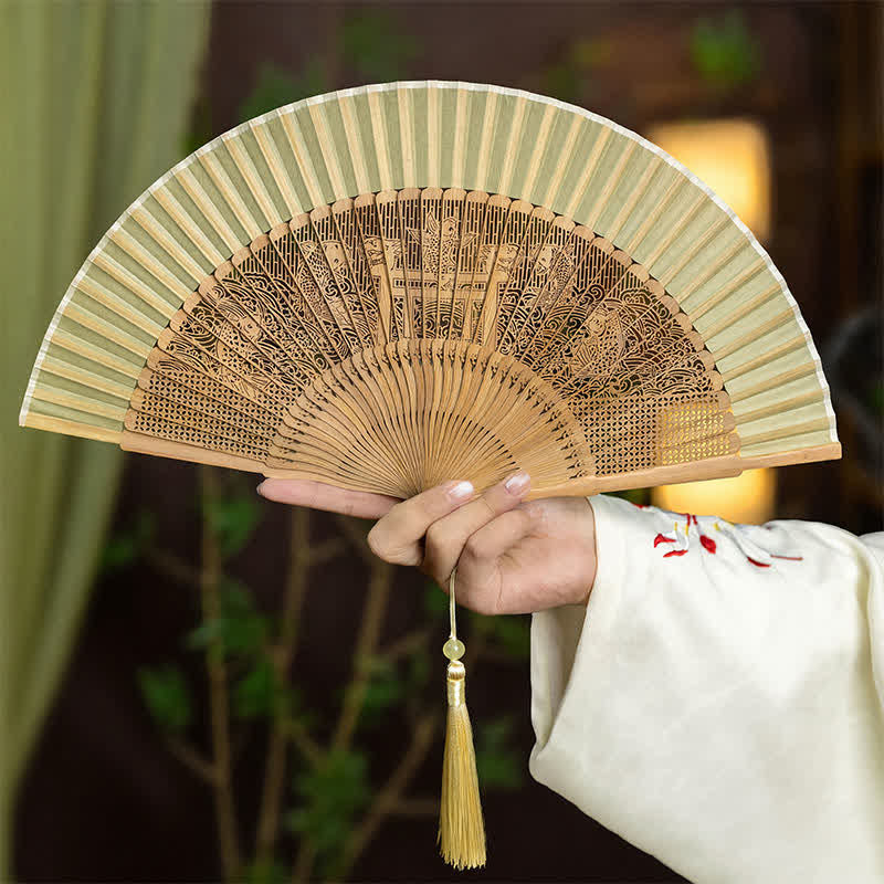 Buddha Stones Bamboo Hollow-Carved Famous Spots Landscapes Animals Tassel Folding Fan - Koi Fish - image 17