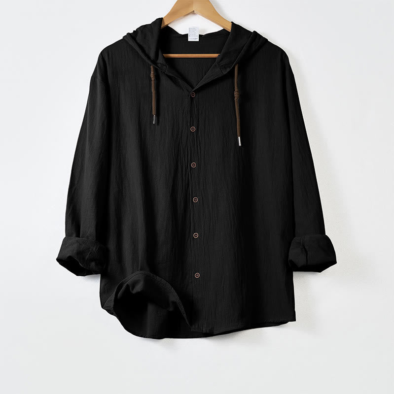 Buddha Stones Solid Color Long Sleeve Hooded Drawstring Buttons Men's Shirt - Black - US/UK/AU44,EU54 (3XL) - image 9