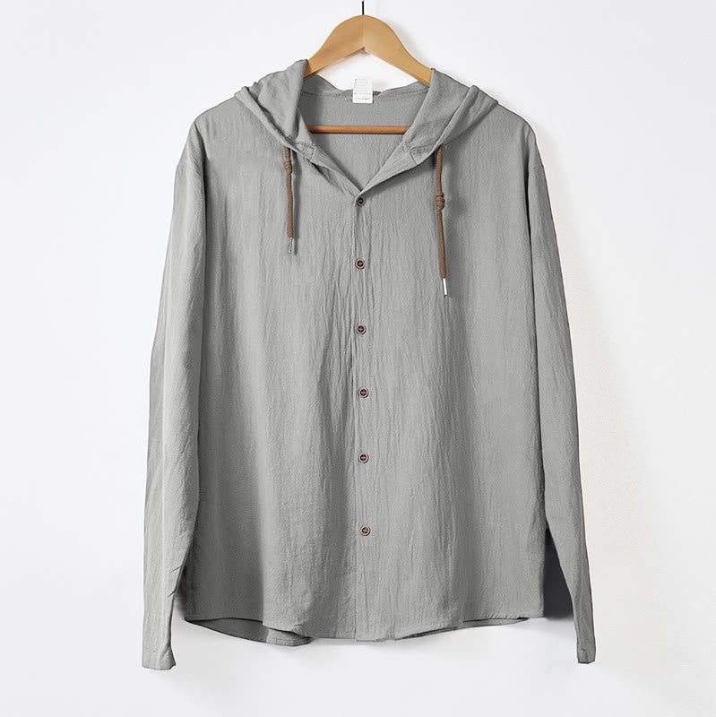 Buddha Stones Solid Color Long Sleeve Hooded Drawstring Buttons Men's Shirt - DarkGray - US/UK/AU44,EU54 (3XL) - image 10