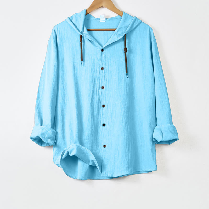 Buddha Stones Solid Color Long Sleeve Hooded Drawstring Buttons Men's Shirt - LightSkyBlue - US/UK/AU44,EU54 (3XL) - image 13