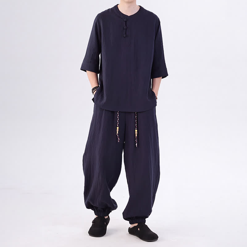 Buddha Stones Spring Summer Tang Style Frog Button Solid Elbow-Length Sleeve Shirt Pants Men's Meditation Cloth With Pocket - MidnightBlue - US/UK/AU46,EU56 (5XL) - image 40