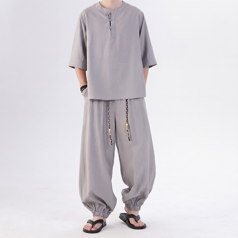 Buddha Stones Spring Summer Tang Style Frog Button Solid Elbow-Length Sleeve Shirt Pants Men's Meditation Cloth With Pocket - Silver - US/UK/AU46,EU56 (5XL) - image 11