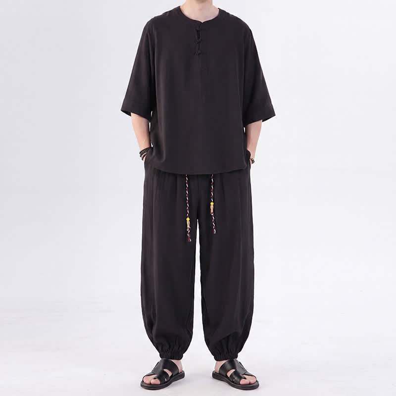 Buddha Stones Spring Summer Tang Style Frog Button Solid Elbow-Length Sleeve Shirt Pants Men's Meditation Cloth With Pocket - Black - US/UK/AU46,EU56 (5XL) - image 20