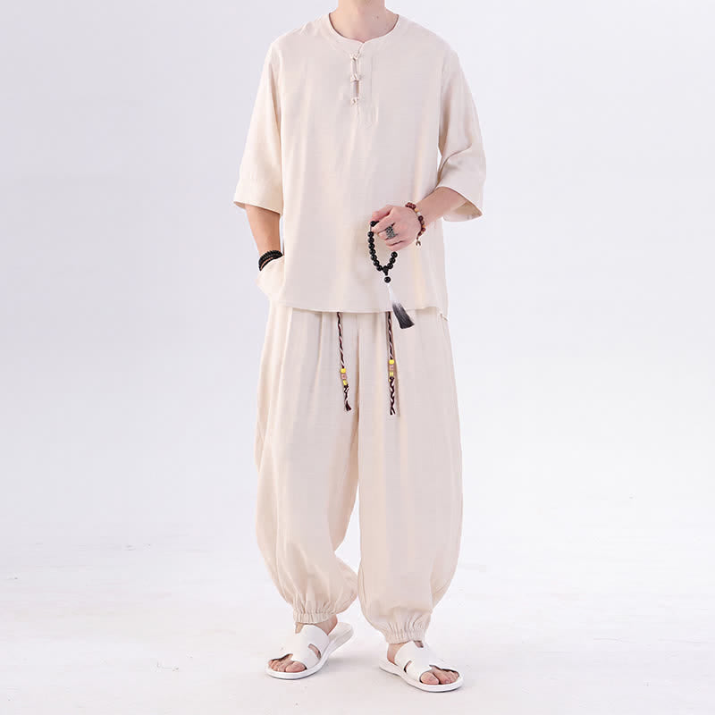 Buddha Stones Spring Summer Tang Style Frog Button Solid Elbow-Length Sleeve Shirt Pants Men's Meditation Cloth With Pocket - AntiqueWhite - US/UK/AU46,EU56 (5XL) - image 0