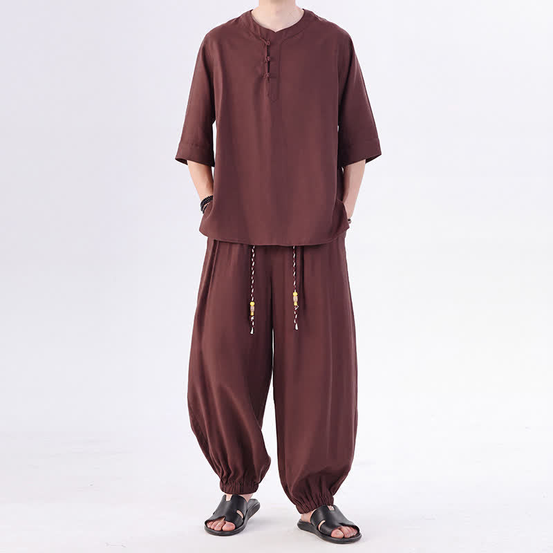 Buddha Stones Spring Summer Tang Style Frog Button Solid Elbow-Length Sleeve Shirt Pants Men's Meditation Cloth With Pocket - Sienna - US/UK/AU46,EU56 (5XL) - image 30